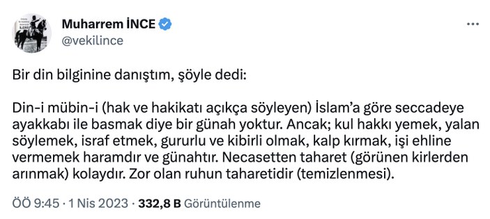 Kılıçdaroğlu'nun seccadeye basmasına Muharrem İnce yorumu: Günah değil...