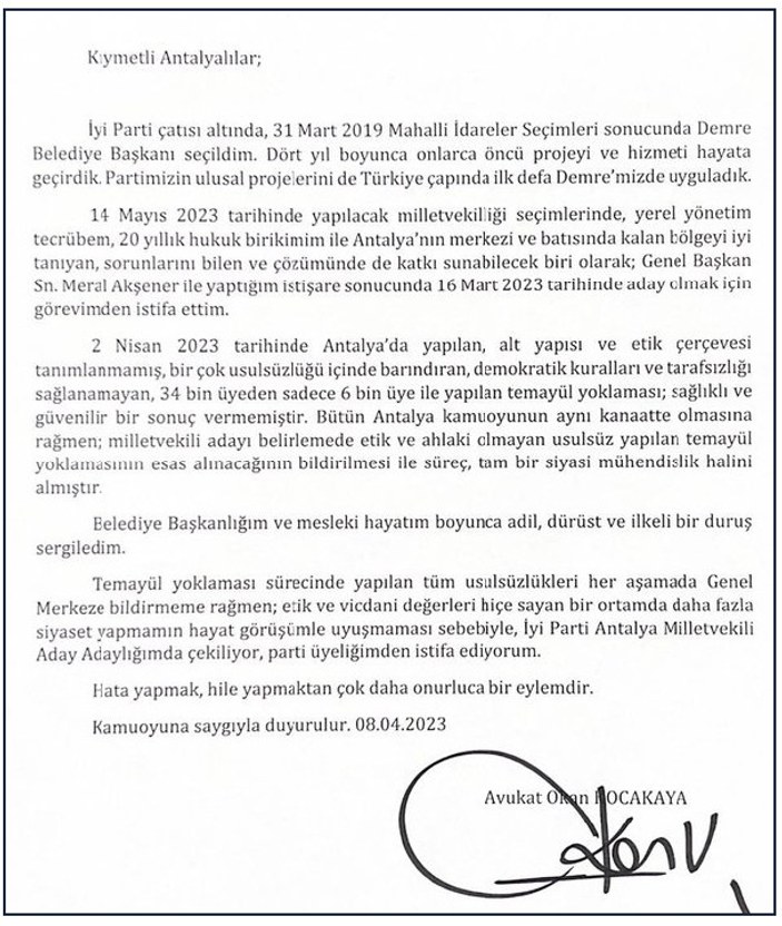 İYİ Parti'de istifa depremi: Demre İlçe Belediye Başkanı istifa etti