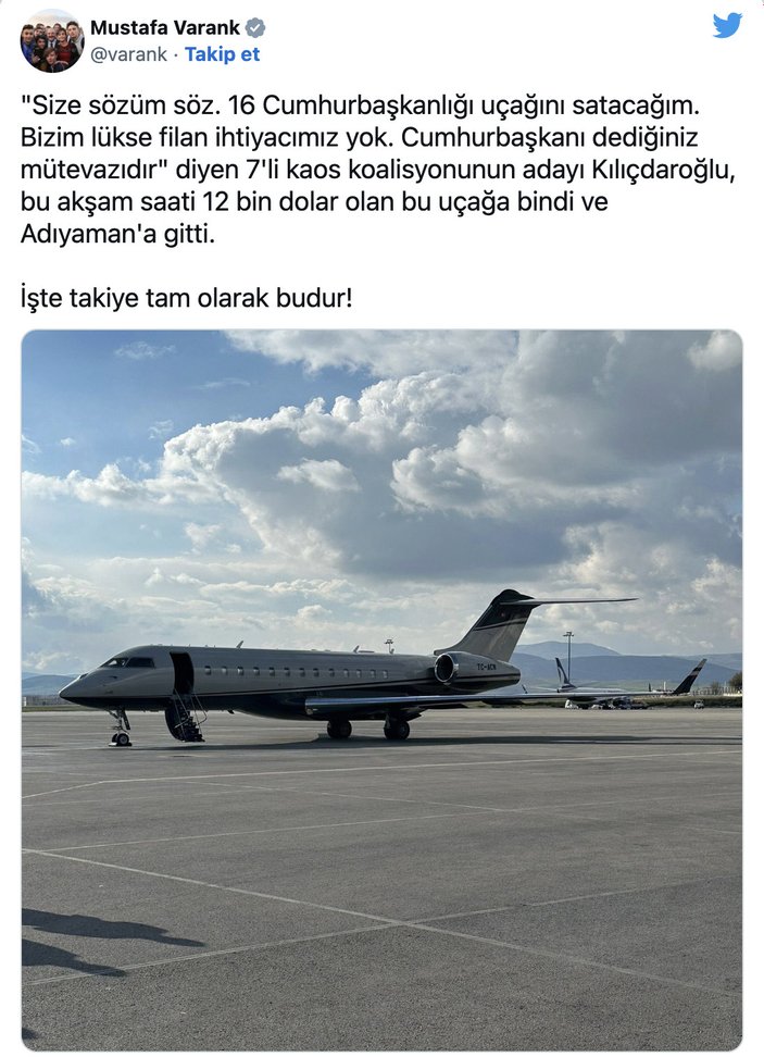 Bakan Mustafa Varank'tan Kemal Kılıçdaroğlu'na jet göndermesi