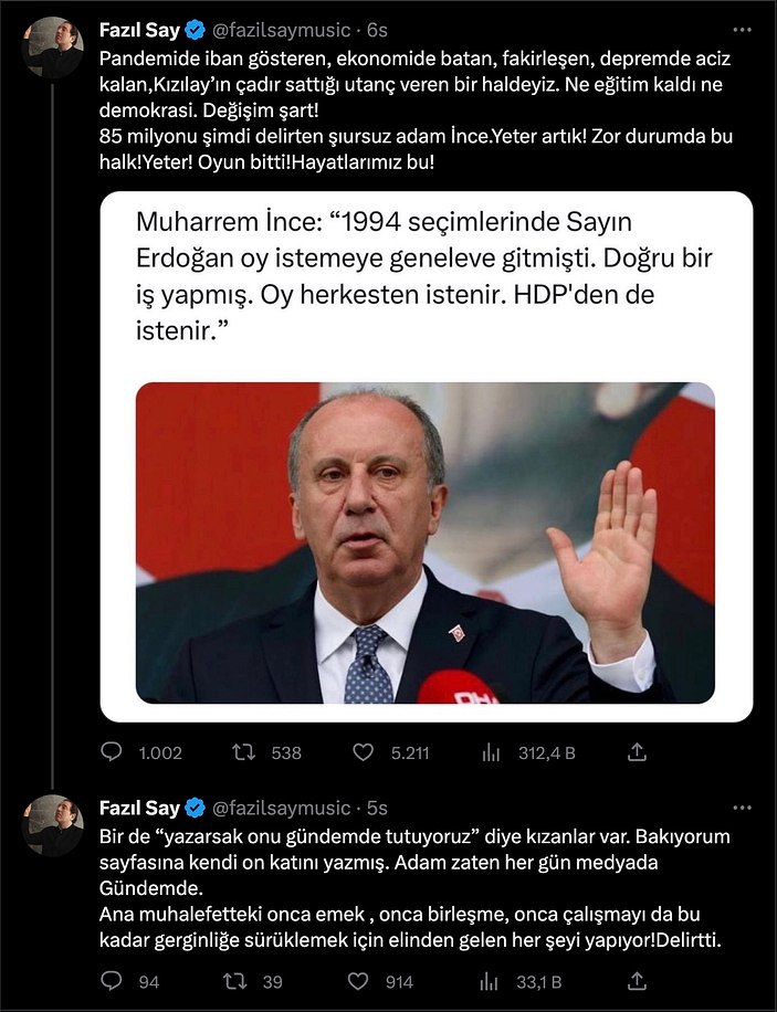 Fazıl Say'ın Muharrem İnce'ye yönelik isyanı sürüyor: Geceleri uyuyamıyorum