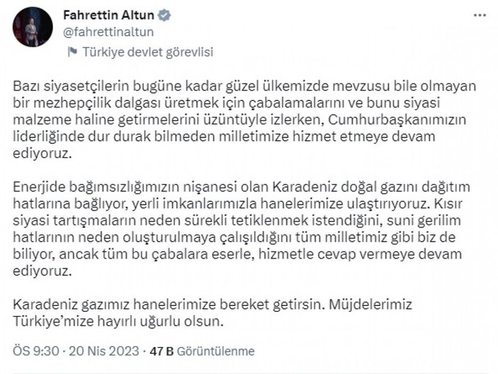 Fahrettin Altun’dan Karadeniz gazı paylaşımı #1