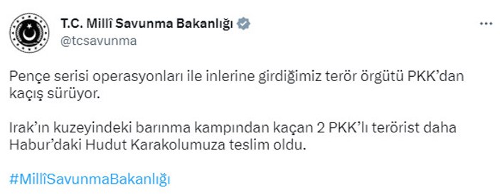 MSB duyurdu! 2 PKK’lı terörist daha güvenlik güçlerine teslim oldu