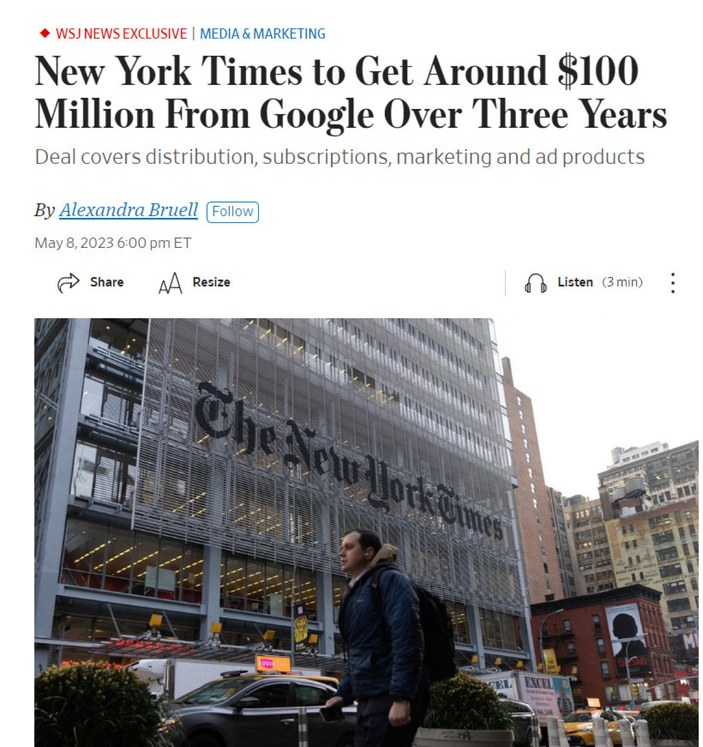 The New York Times will receive nearly $100 million from Google over three years