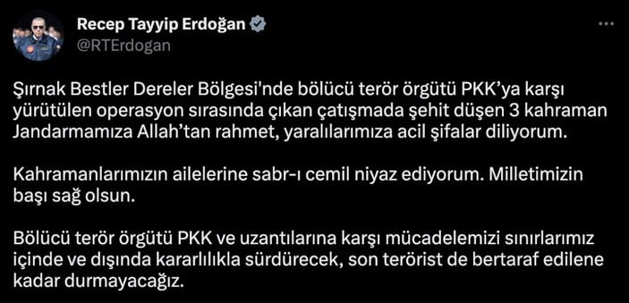 Cumhurbaşkanı Erdoğan'dan şehitler için başsağlığı mesajı