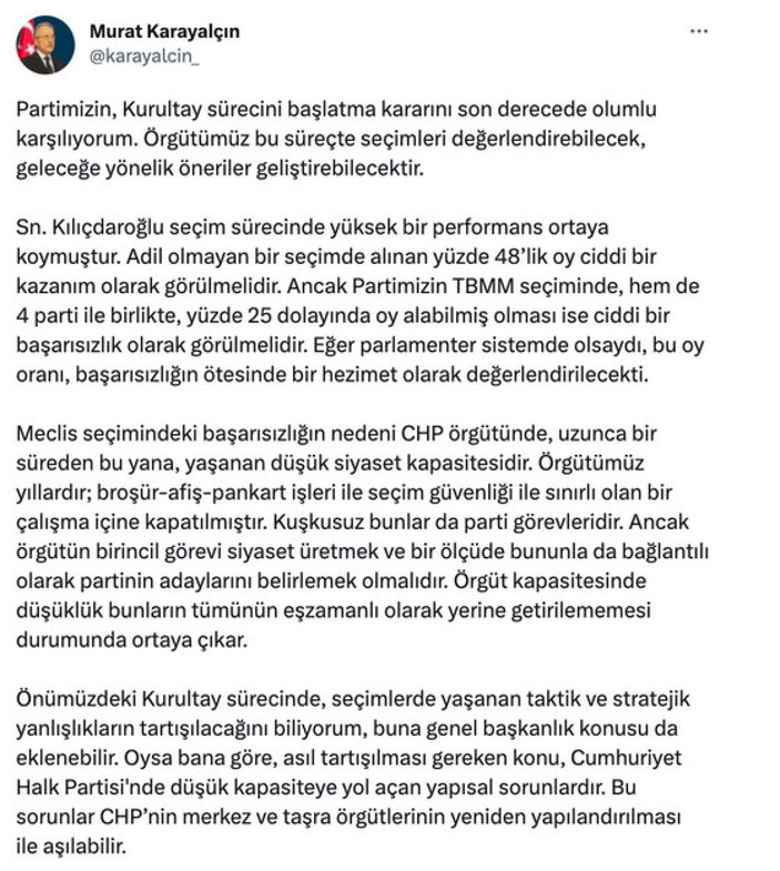 CHP'li Murat Karayalçın: Seçimdeki başarısızlığın nedeni CHP'nin düşük siyaset kapasitesidir