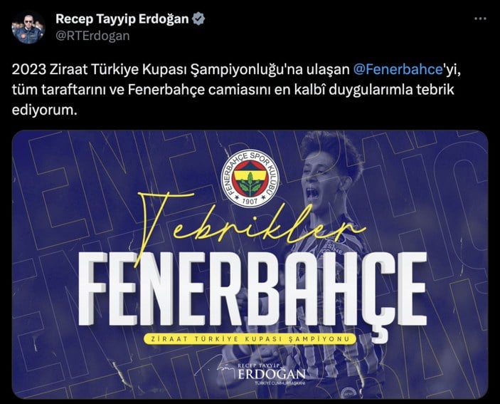 Cumhurbaşkanı Erdoğan'dan Fenerbahçe'ye tebrik paylaşımı