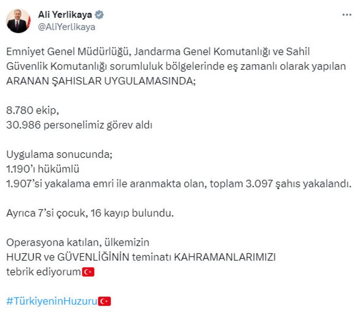 Ali Yerlikaya paylaştı! Aranan 3 bin 97 kişi eş zamanlı operasyonla yakalandı