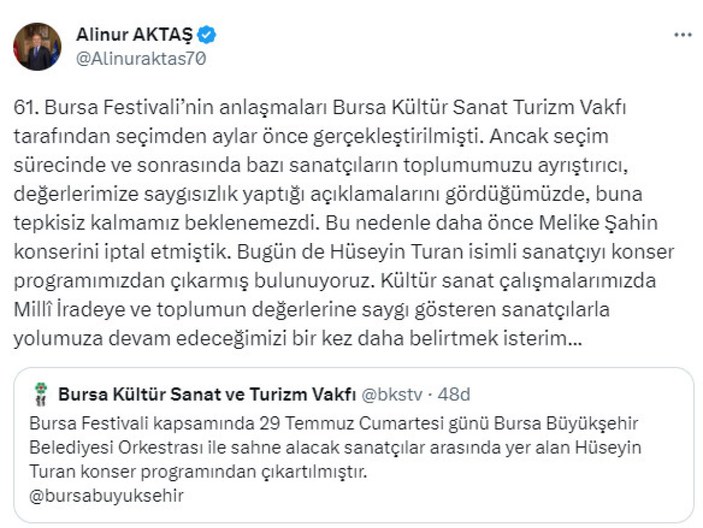 Bursa Büyükşehir Belediyesi Hüseyin Turan'ın da konserini iptal etti