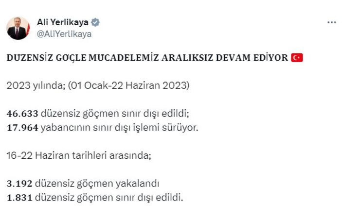 Ali Yerlikaya paylaştı: 6 ayda 46 bini aşkın düzensiz göçmen sınır dışı edildi