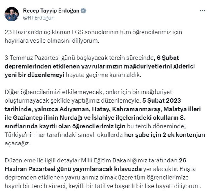 Cumhurbaşkanı Erdoğan'dan depremzede lise öğrencilerine ek kontenjan açıklaması