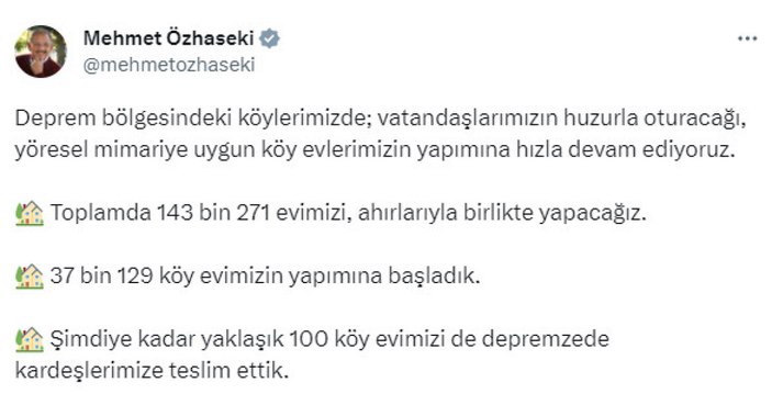 Mehmet Özhaseki çalışmaları paylaştı: Köy evlerimizin yapımına hızla devam ediyoruz