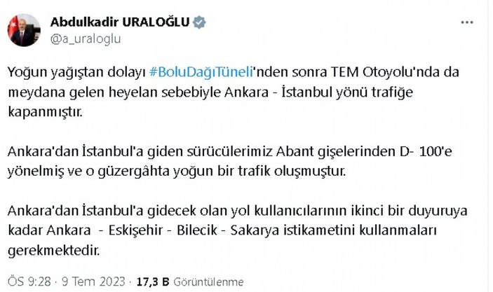 TEM Otoyolu'nda heyelan sebebiyle Ankara-İstanbul yönü trafiğe kapandı #1