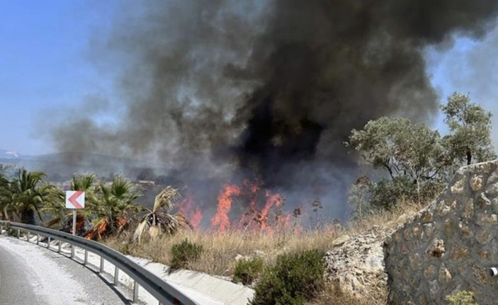 Milas- Bodrum Havalimanı kavşağında çıkan yangın devam ediyor