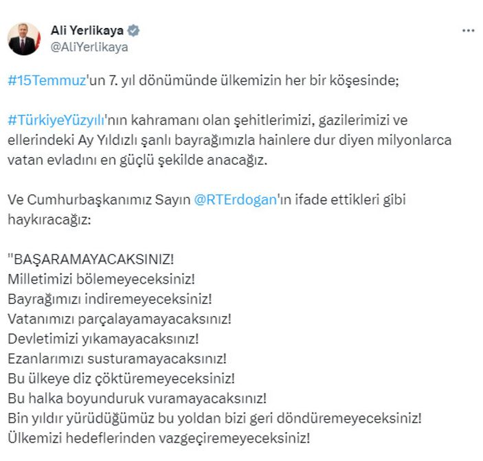 Ali Yerlikaya'dan 15 Temmuz mesajı: 'Bu ülkeye diz çöktüremeyeceksiniz'
