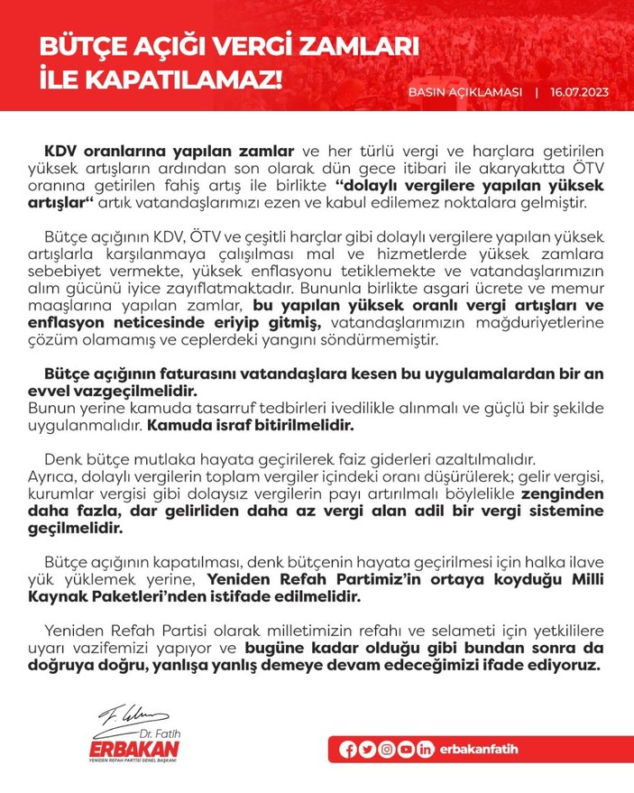 Fatih Erbakan: Bütçe açığı vergi zamları ile kapatılamaz