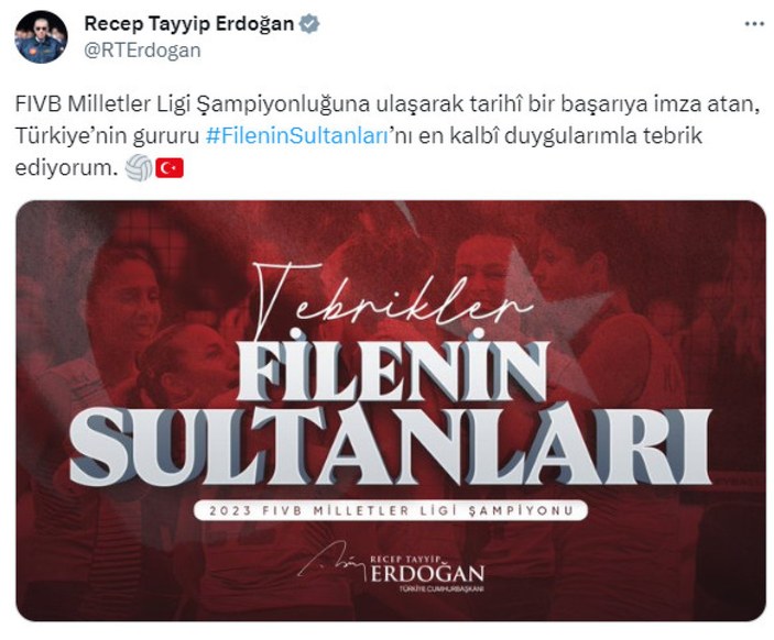 Cumhurbaşkanı Erdoğan, A Milli Kadın Voleybol Takımını tebrik etti