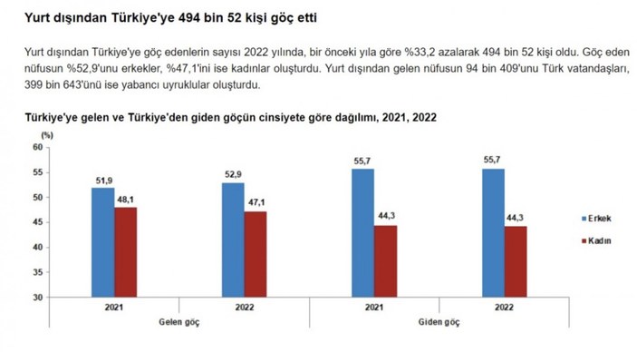 2022'de Türkiye’ye 494 bin 52 kişi göç etti