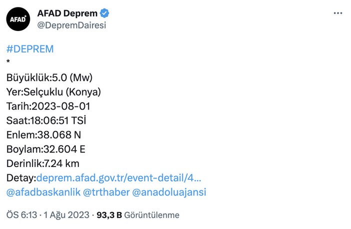 Konya Selçuklu'da 5.0 büyüklüğünde deprem