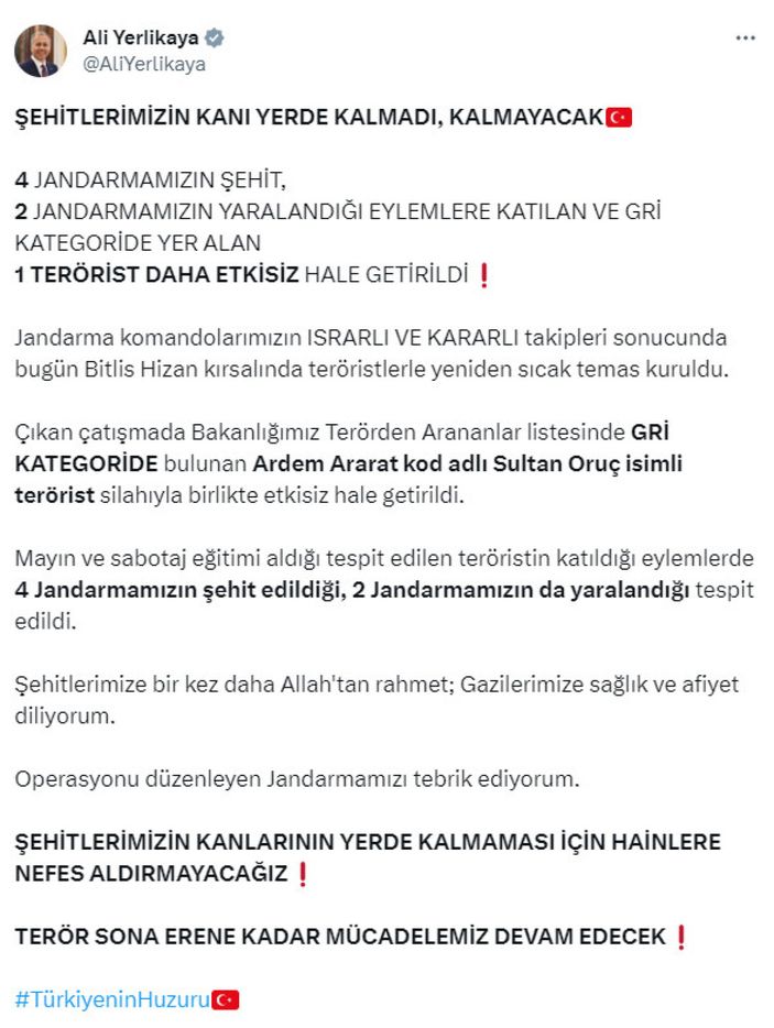 Şehitlerimizin kanı yerde kalmadı: Bitlis'te gri kategorideki 1 terörist etkisiz hale getirildi