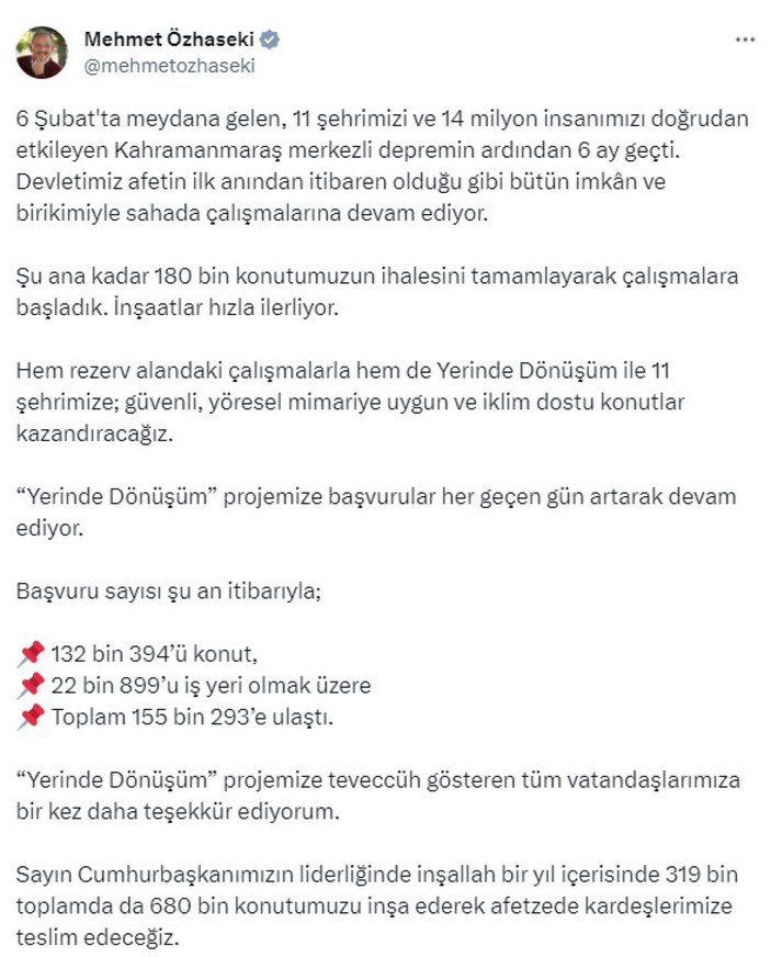 Mehmet Özhaseki açıkladı! 'Yerinde Dönüşüm' projesine başvuru sayısı 155 bin 293’e ulaştı