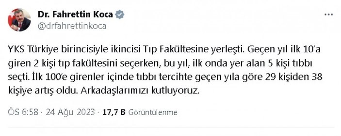 Bakan Koca: Bu yıl ilk 10'a giren 5 kişi tıbbı seçti #1