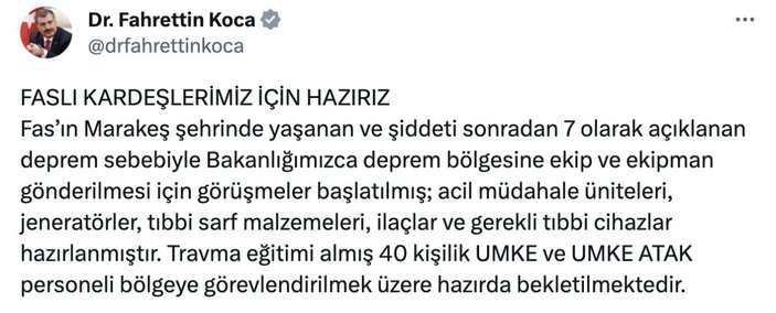 Fahrettin Koca: Faslı kardeşlerimiz için hazırız