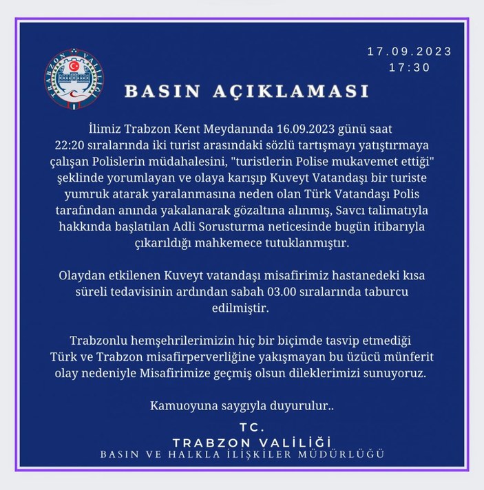 Trabzon Valiliği tarafından yapılan açıklama
